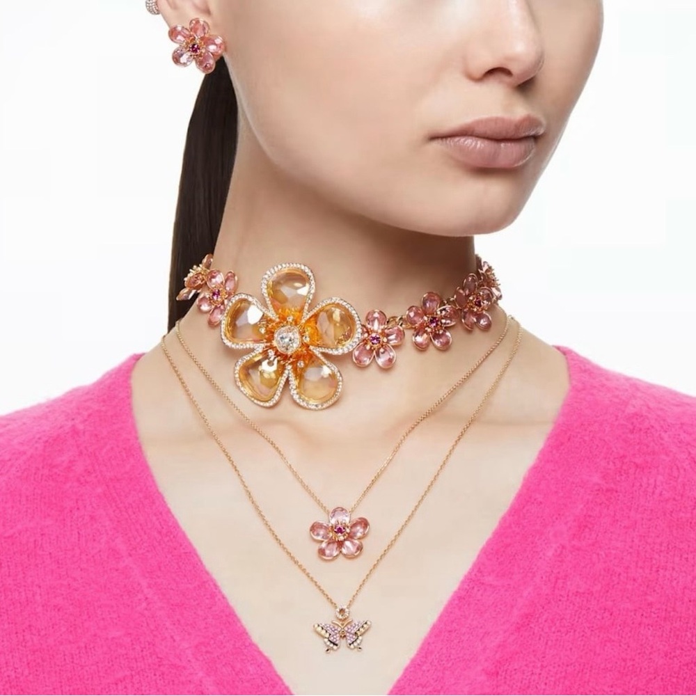 Elegant Floral Jewelry Set in Pink and Gold